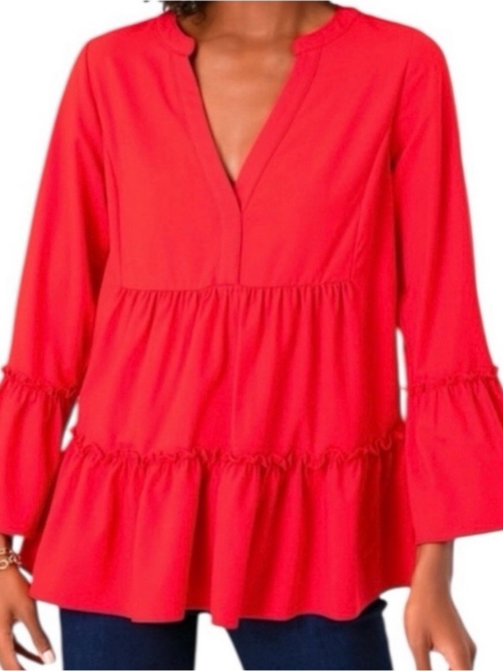 TUCKERNUCK POMANDER PLACE ‘Kenzo’ Red Crepe Tiered Ruffle Bell Sleeve Top
